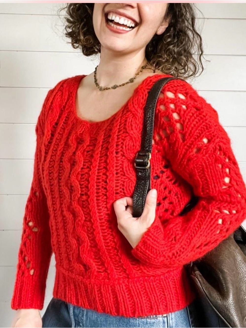 Free People Bright Red Cable & Open-Stitch Scoop-Neck Sweater